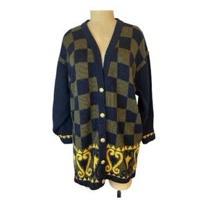 Mondi vintage 80’s Long Blck and Gold Checkered Women's Sweater w/ brass butto